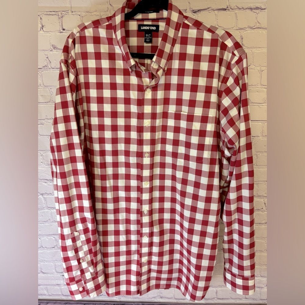 Land's End Red White Check Traditional Fit No Iron Button Down Twill Shirt XLT